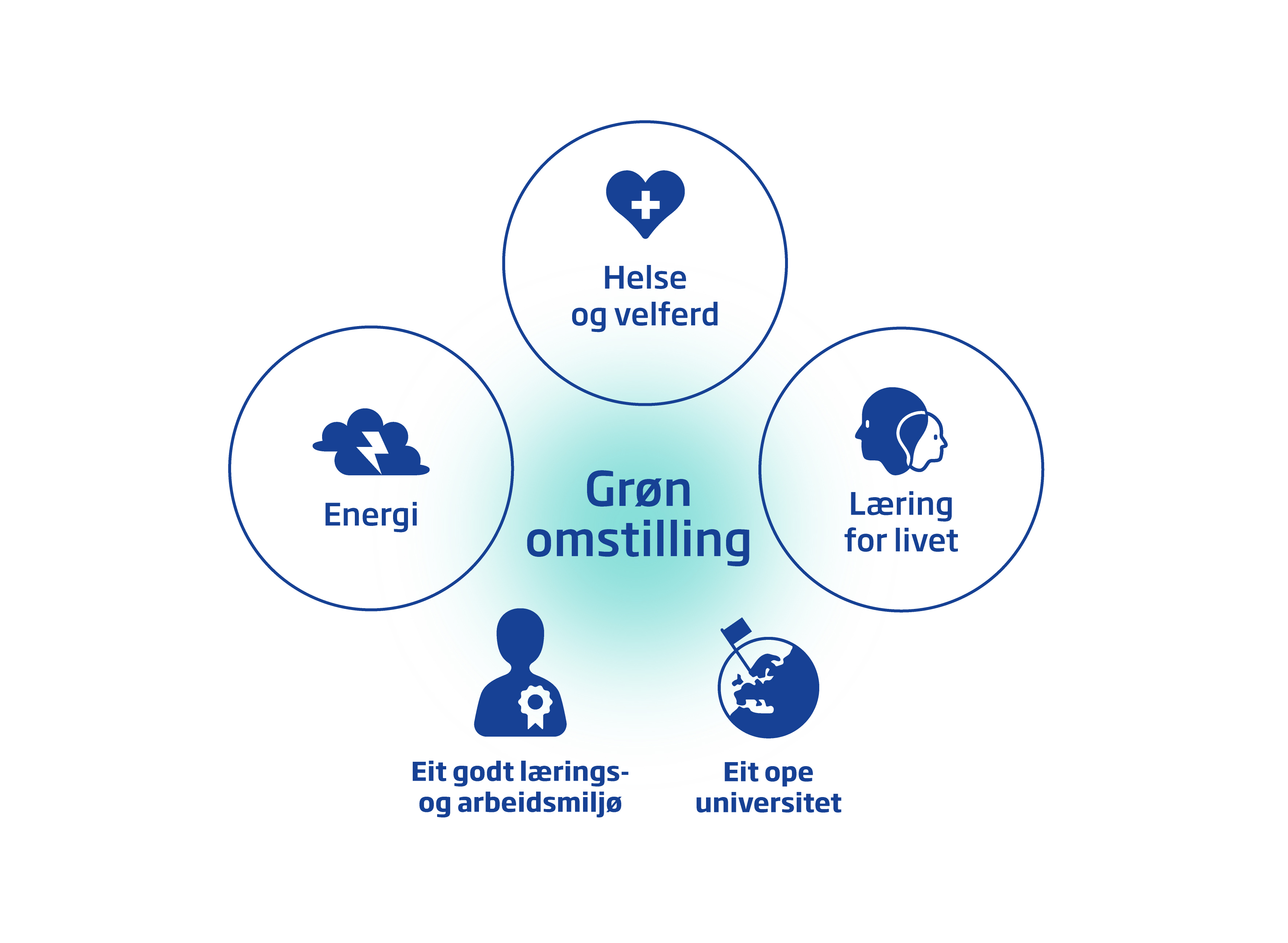 Illustrasjonen av våre strategiske satsingsområder energi, helse og velferd og læring for livet, saman med grøn omstilling og et ope universitet.