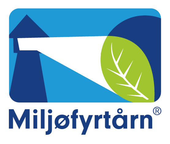 Logo til Miljøfyrtårn med illustrasjon av et fyrtårn som lyser på et grønt tre