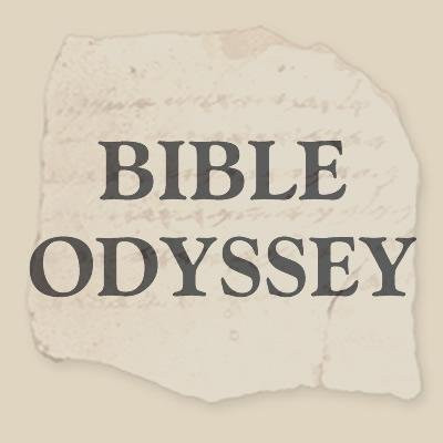 Illustrasjon av et ark fra bibelen, med navnet Bible Odyssey skrevet over.