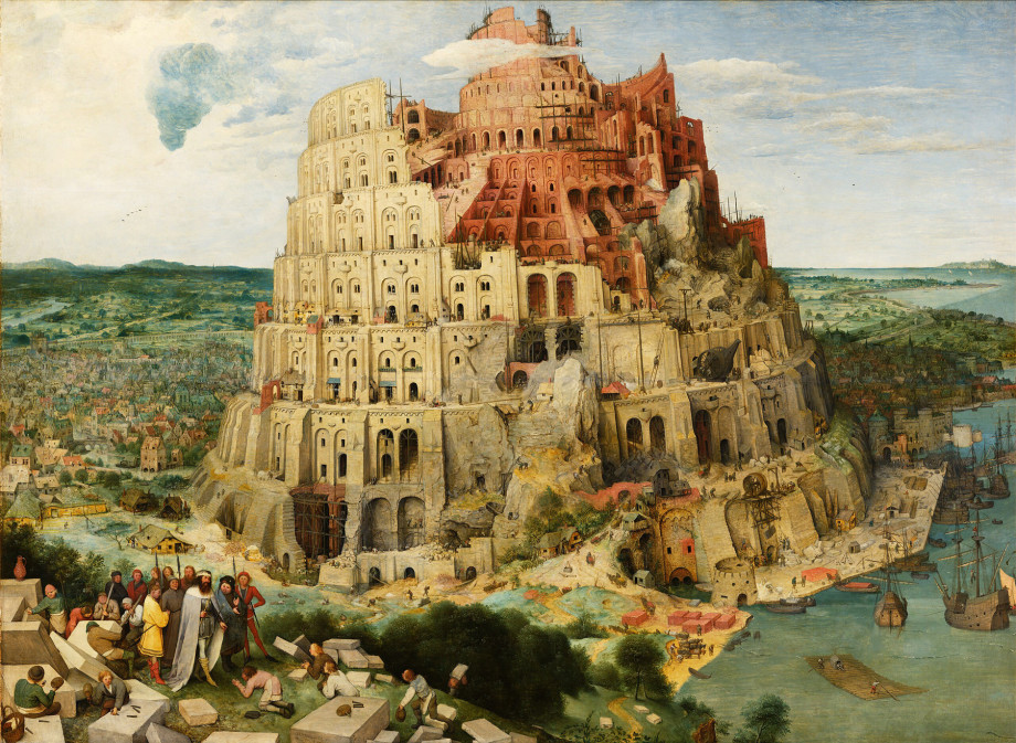 Pieter Bruegels maleri av babels tårn, med grønt landskap og blå himmel. 