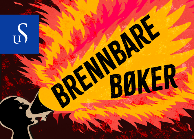Podkast omslaget til serien Brennbare bøker, publisert av UiS. Omslaget viser en person med talerør og ordene i flammer.