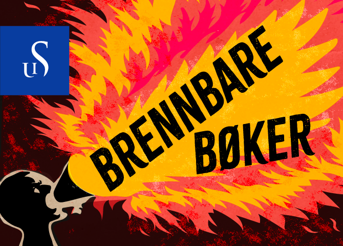 Podkast omslaget til serien Brennbare bøker, publisert av UiS. Omslaget viser en person med talerør og ordene i flammer. 