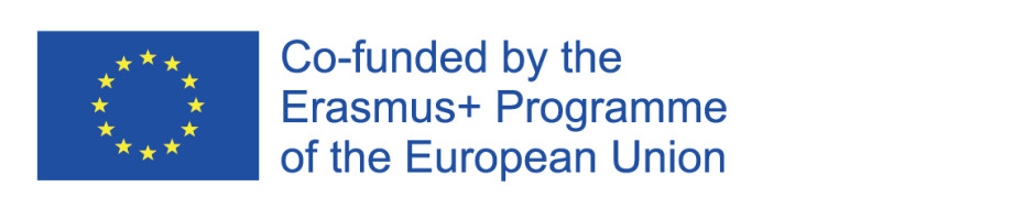 Picture of the European union flag: Blue with yellow stars in a circle. Next to the flag is the writing: Co-funded by the Erasmus+ Programme of the European Union, written in the same blue color as the flag. Under is a blue line, also in the same color.